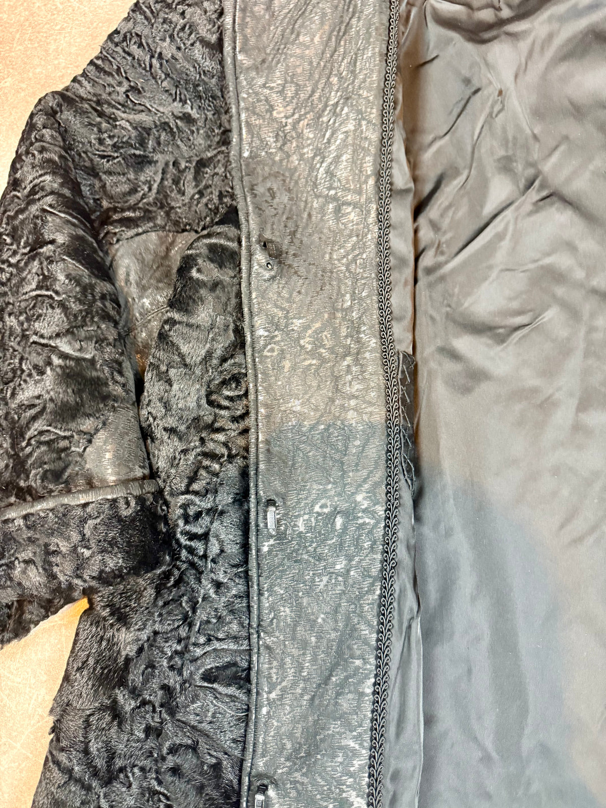 Vintage Persianer Pelzjacke Schwarz Karakul Lammfell Damen Echtpelz Leder Gr. M/L
