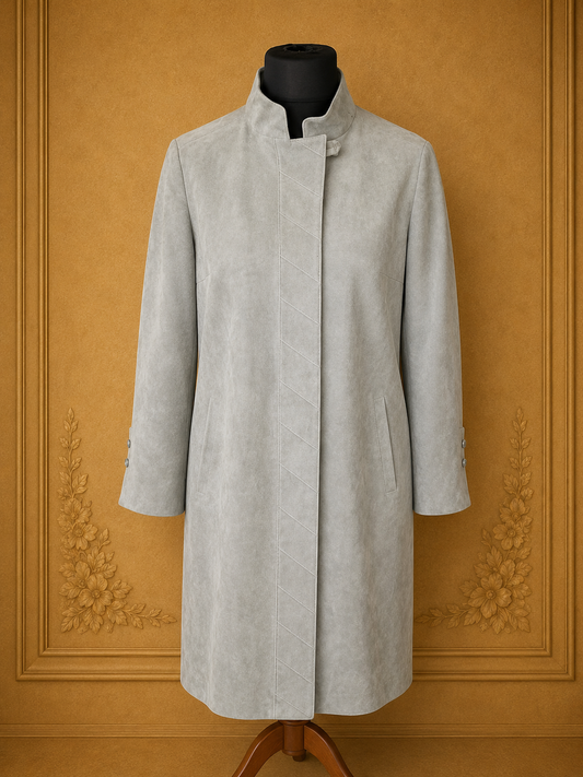 Vintage Damen Ledermantel Hellgrau – Stadick Modell Veloursleder Mantel