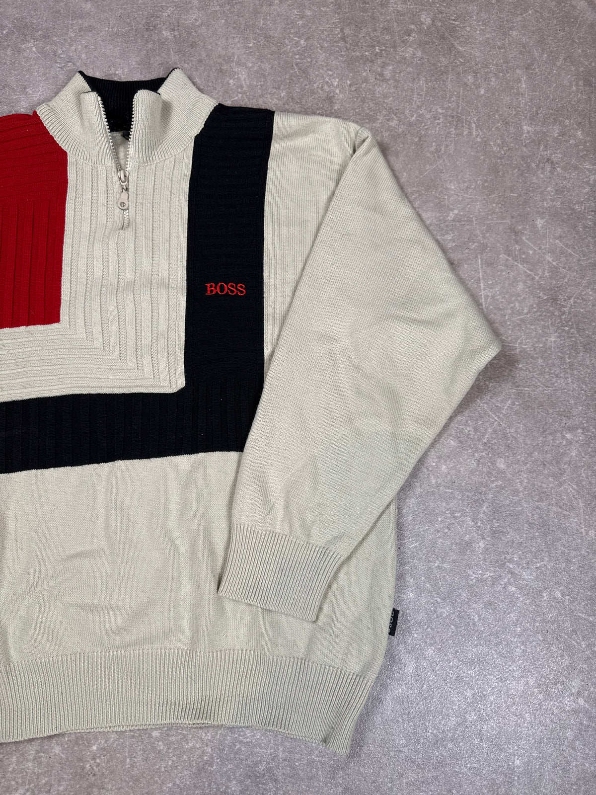 Vintage HUGO BOSS Herren Strickpullover Gr. M Colourblock Half Zip 90s