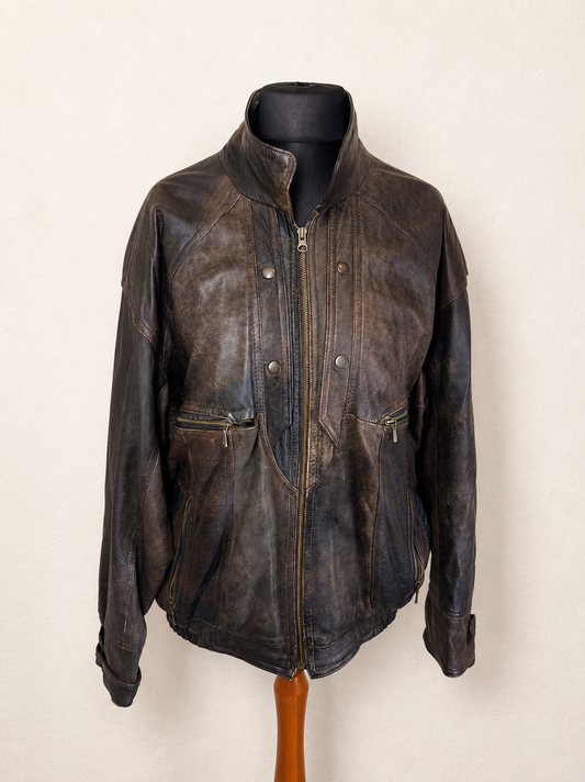 Vintage Lederjacke Braun Herren Gr. 52 Echtleder Bomberjacke Oversize 80er 90er