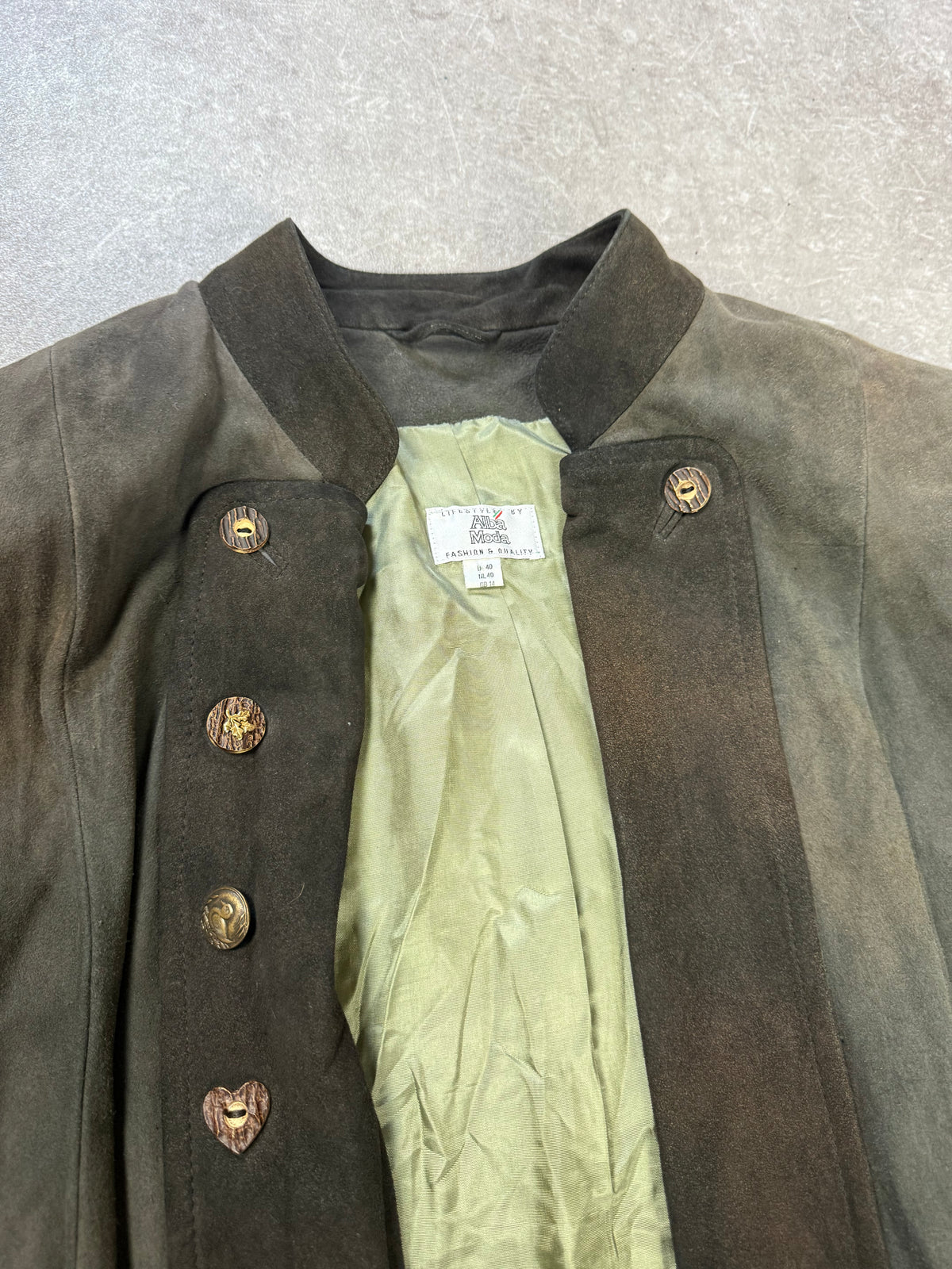 Alba Moda Trachten Lederjacke Gr. 40 Dunkelgrün Wildleder Stickerei Vintage