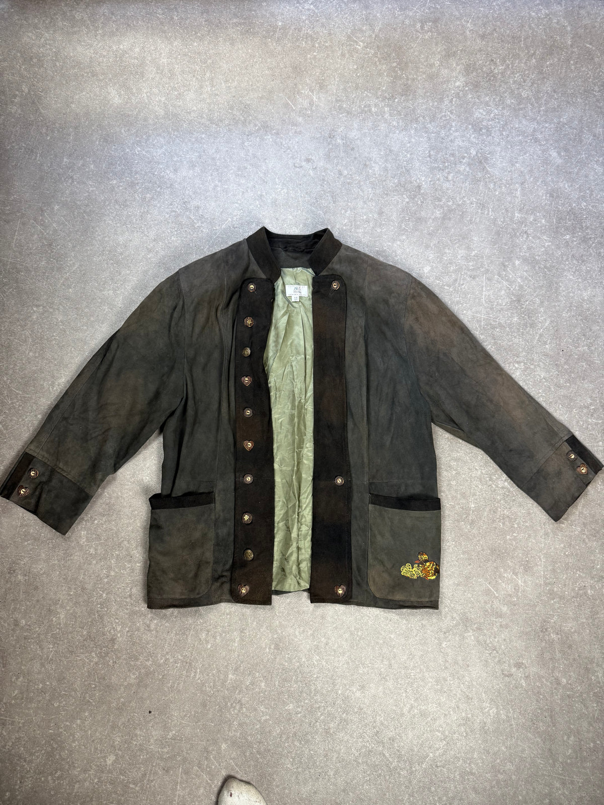 Alba Moda Trachten Lederjacke Gr. 40 Dunkelgrün Wildleder Stickerei Vintage