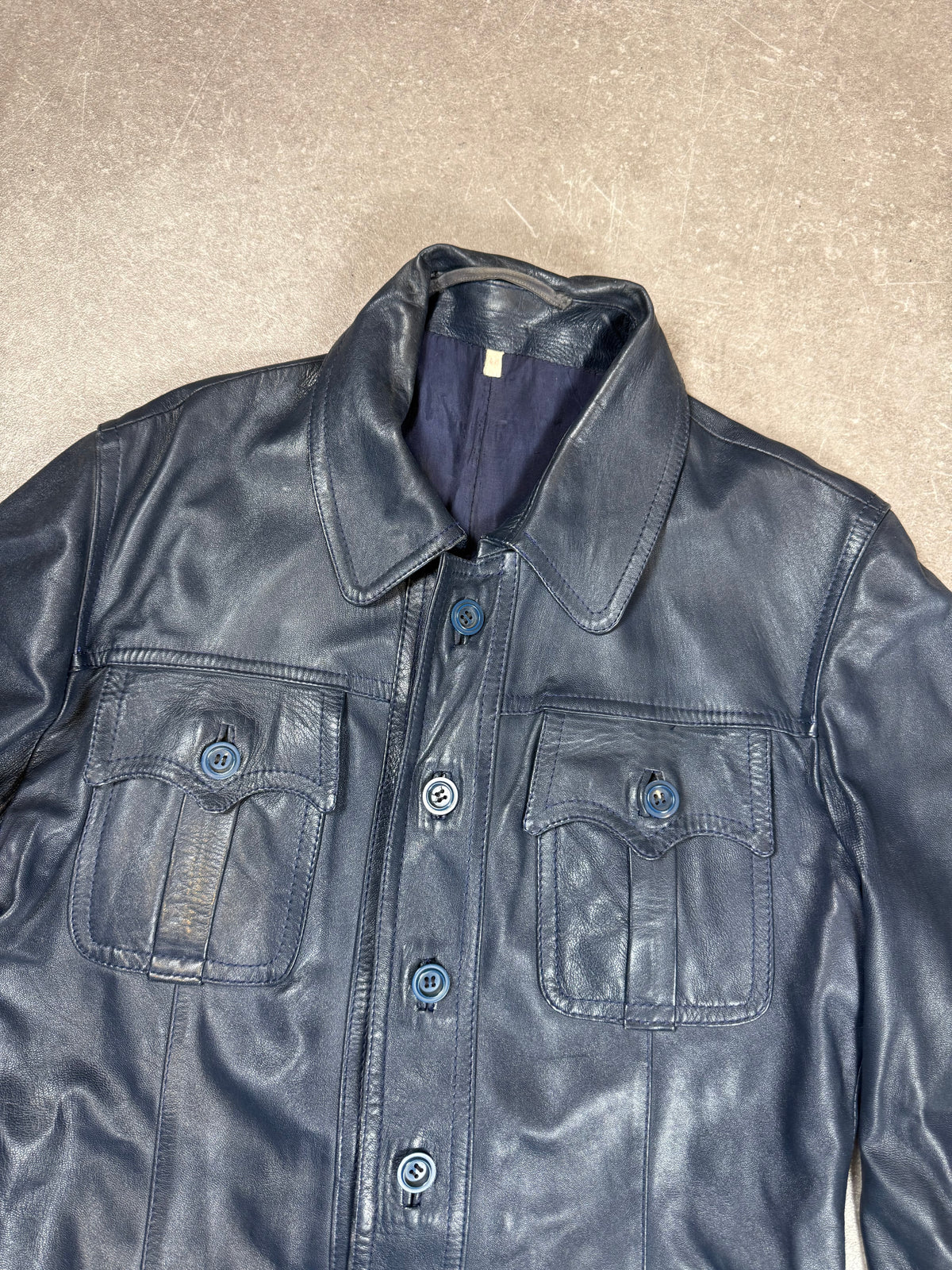 Vintage Herren Lederjacke Dunkelblau – Echtleder Hemdjacke 70er 80er Jahre