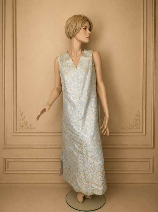 Vintage 60er/70er Maxikleid Hellblau Gold – Paisley Brokat Abendkleid