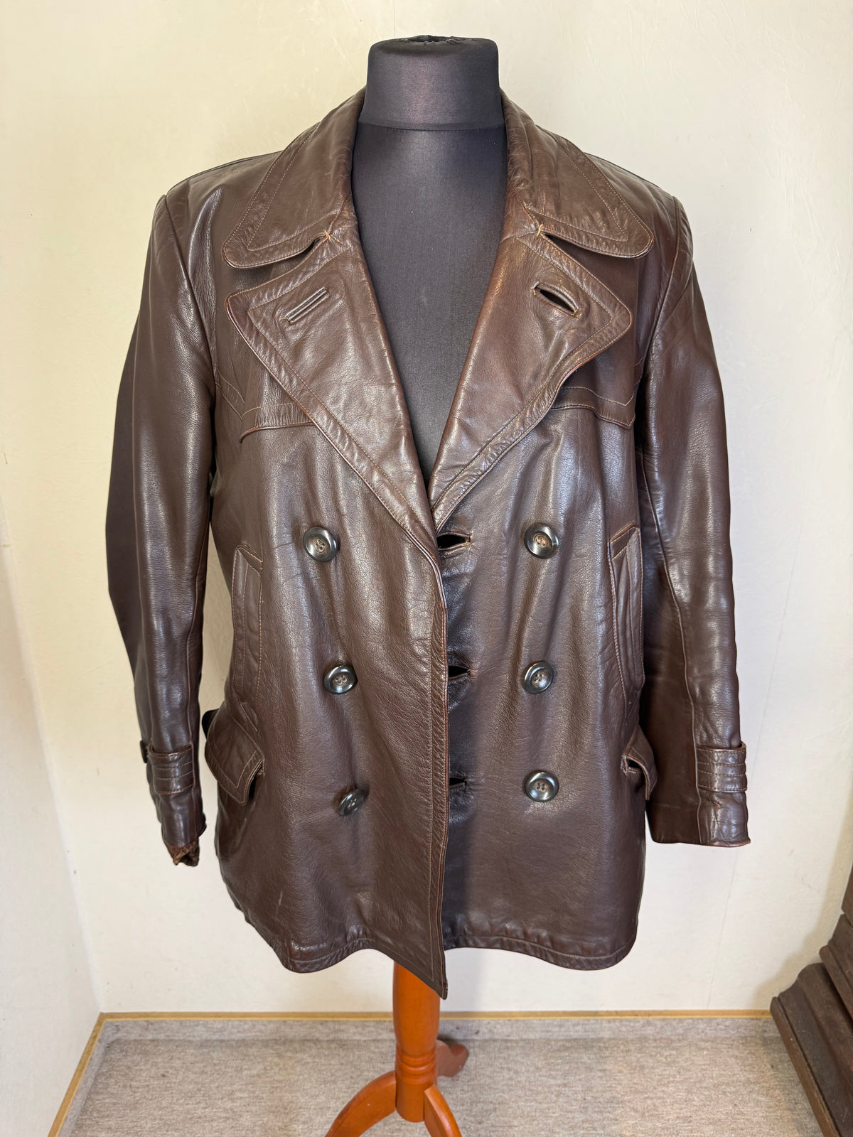 Original NSKK Lederjacke 1930er 40er Motorrad Fahrermantel Braun nummeriert