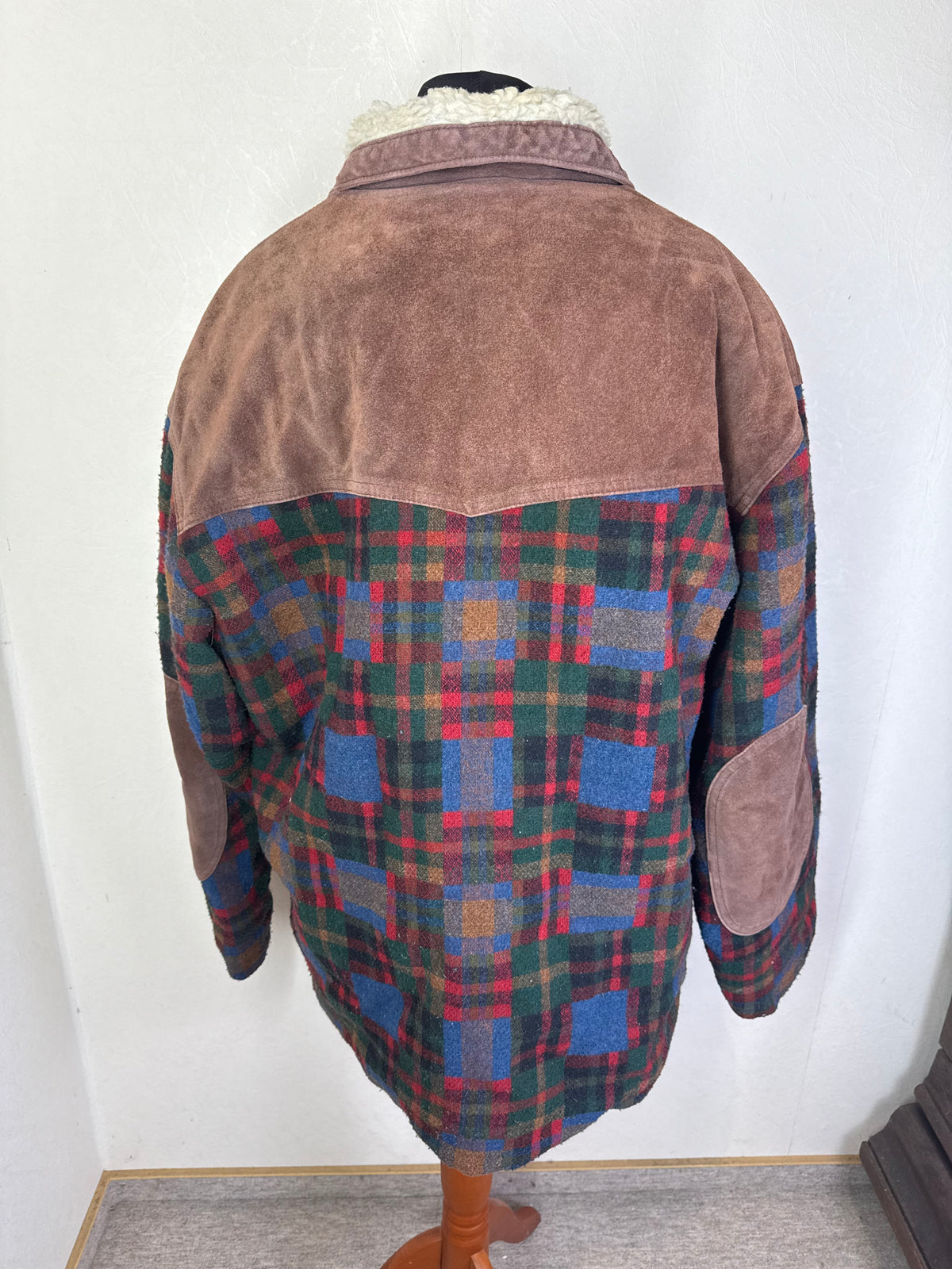 Vintage Lammfelljacke Gr. 48 Karojacke Echtleder Wolle Teddyfutter Oversize