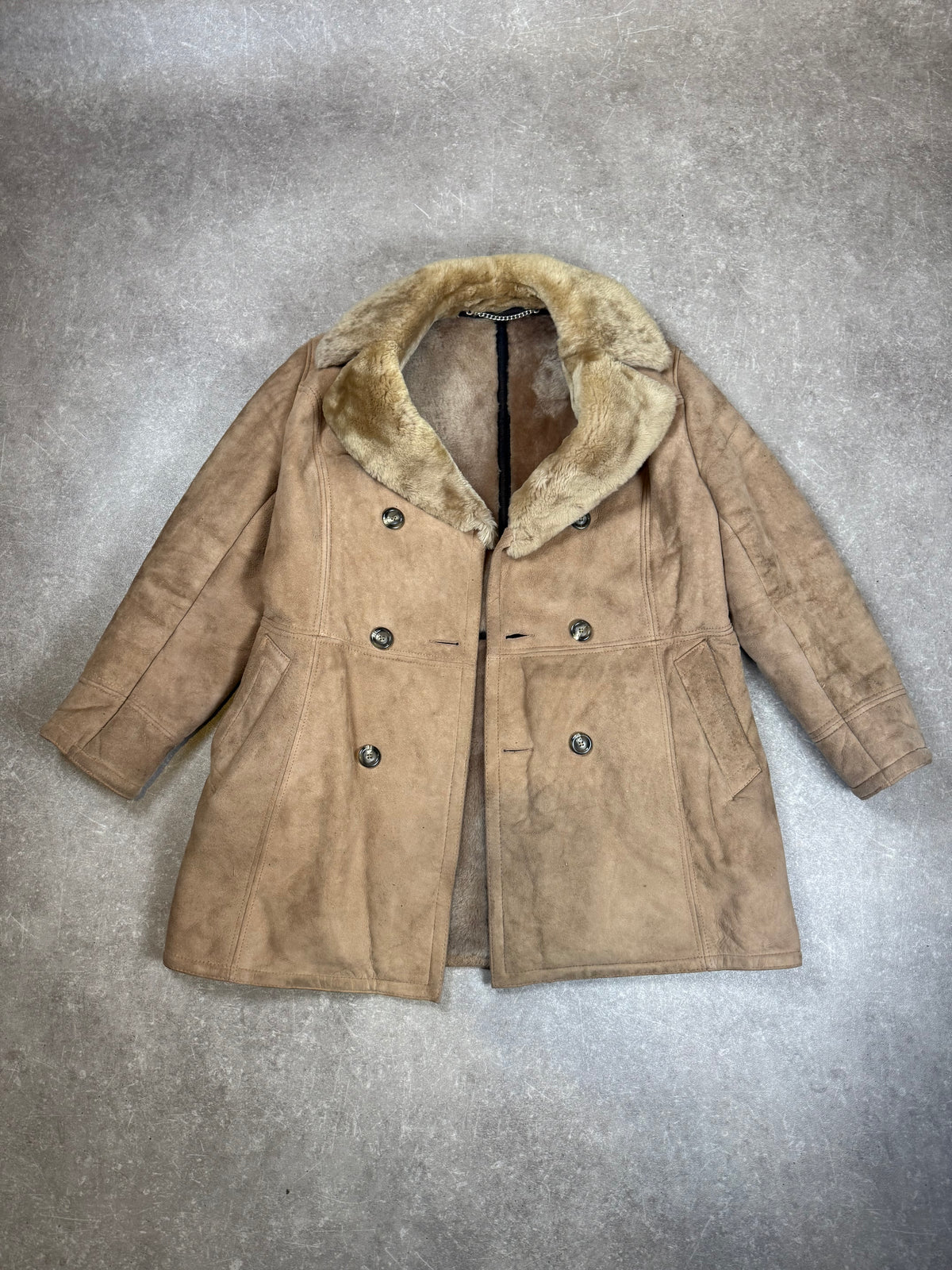 Vintage Lammfellmantel Echtfell Shearling Beige Zweireihig