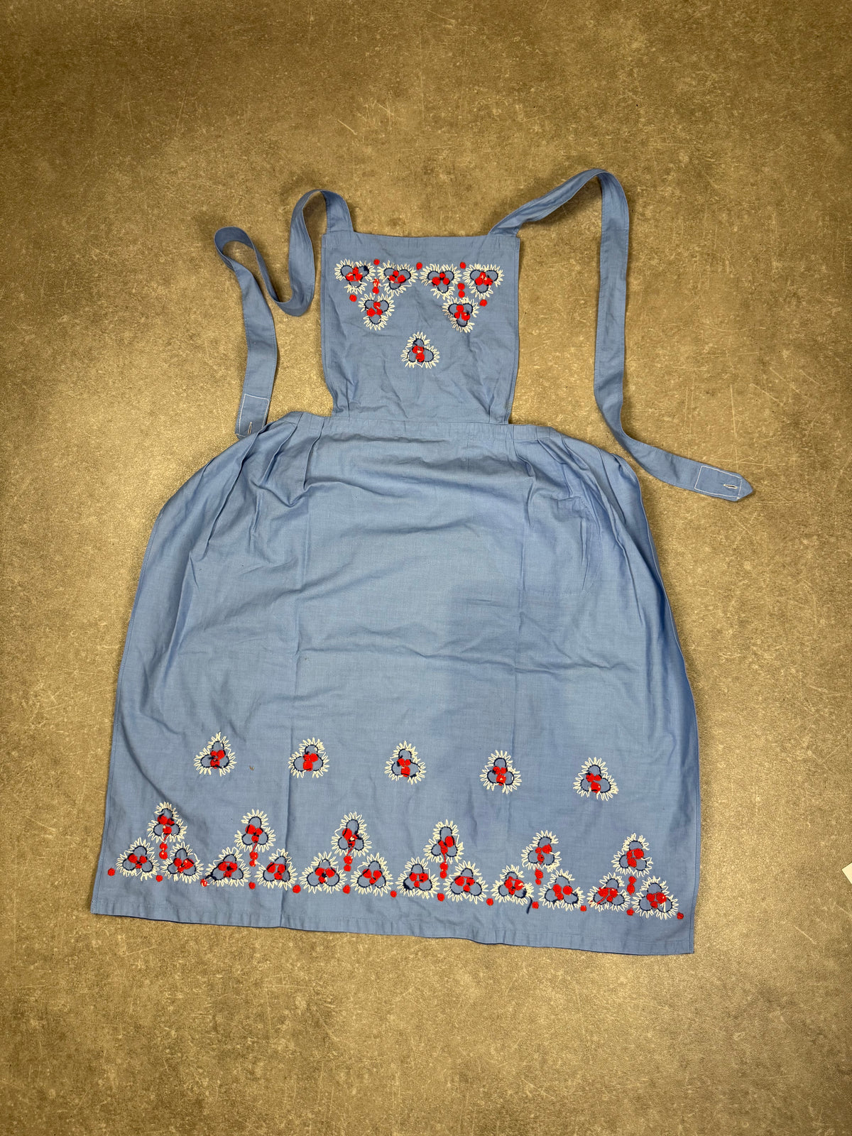 Vintage Damen Latzschürze Blau Bestickt Blumen Trägerschürze Landhaus