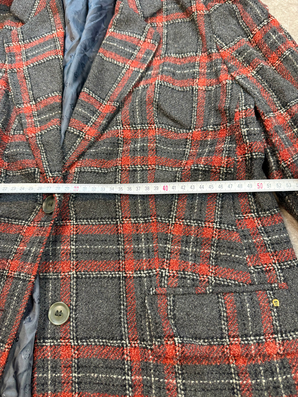 Vintage Aigner Damen Wollblazer Gr. 48 – Schurwolle Kariert Rot Grau
