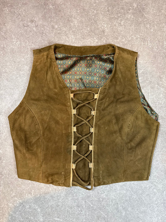 Vintage Damen Wildlederweste Braun Schnürung Trachten Boho Lederweste