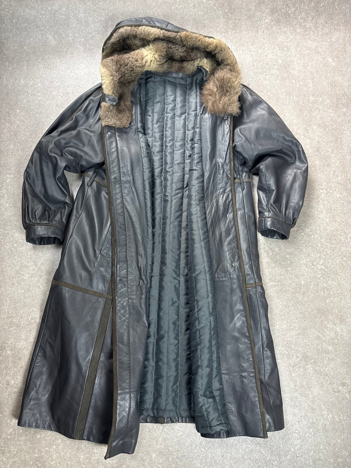 Vintage Leder Mantel 44 Schwarz Echtleder Fellkragen Wintermantel Lang Mantel