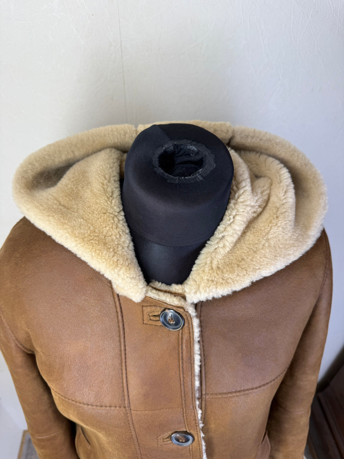 CHRIST Lammfellmantel Damen Braun Vintage Echtleder Shearling Kapuze