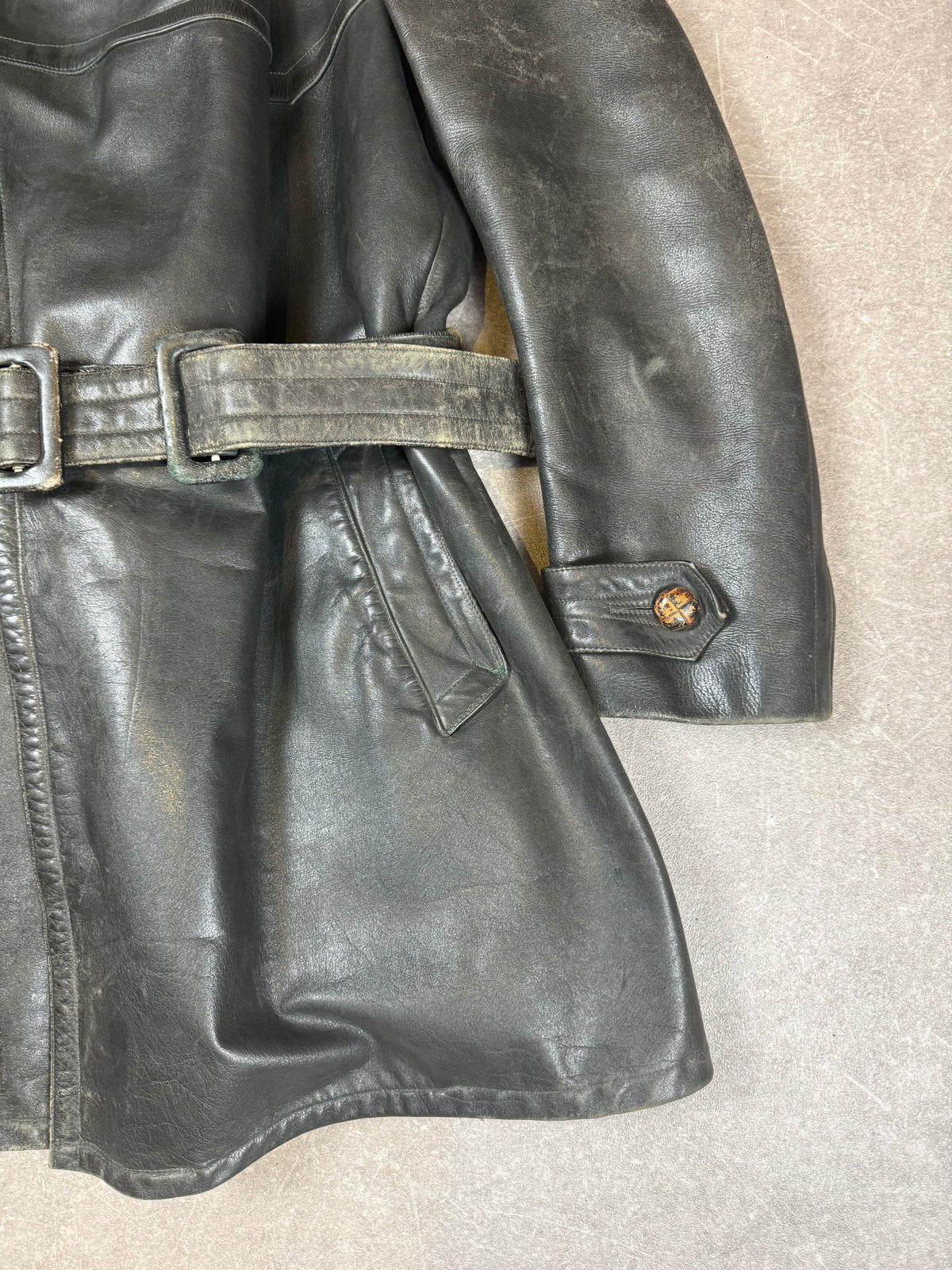Vintage Shiva Leder Mantel Schwarz Echtleder Gürtel Motorrad Biker 70er 80er
