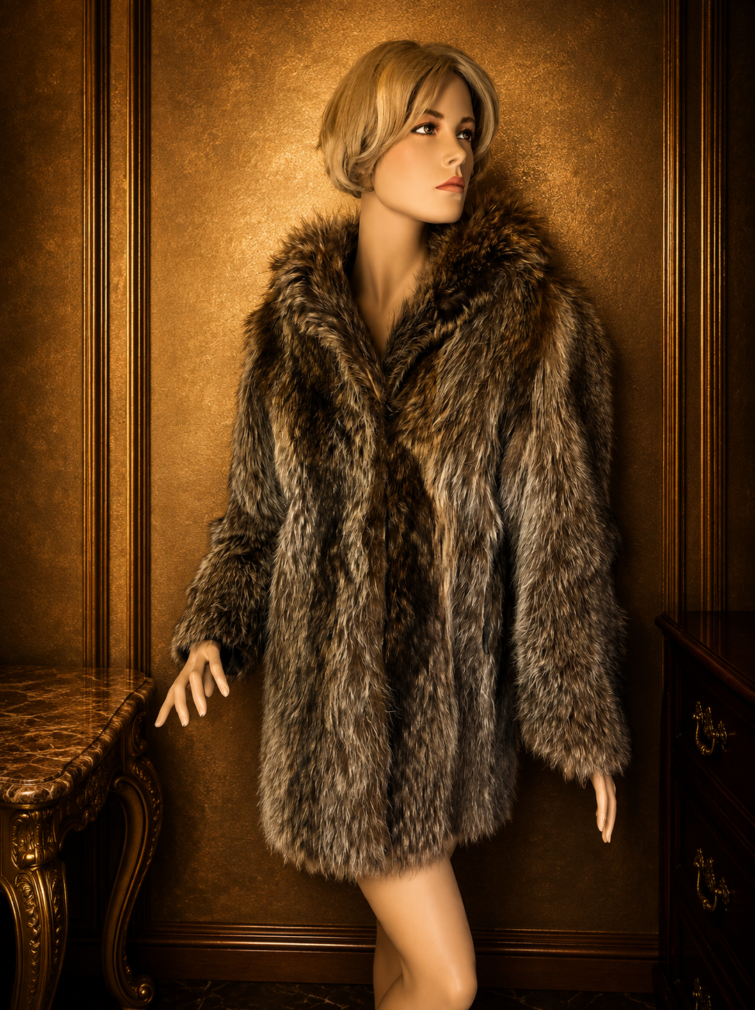 Vintage Waschbär Pelzmantel Echtpelz Damen Braun Kurz Mantel Raccoon Echtfell M