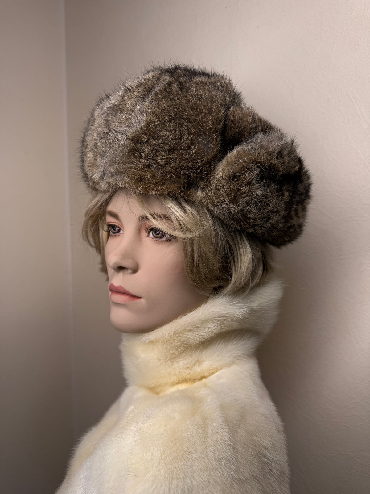 Vintage Kaninchenfell Ushanka Wintermütze Echtpelz Braun Russische Pelzmütze Unisex Trapper Hat