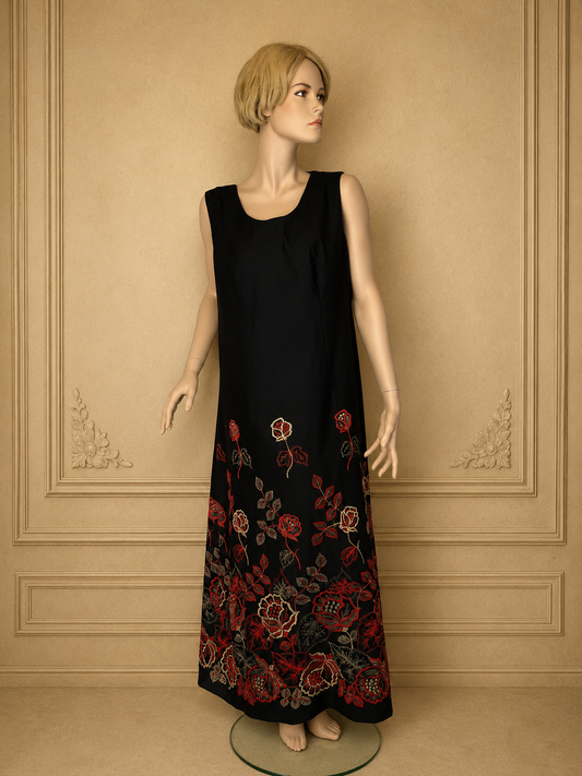 Vintage 80s Damen Maxikleid Schwarz – Rosenstickerei Rot Gold – Ärmelloses Abendkleid