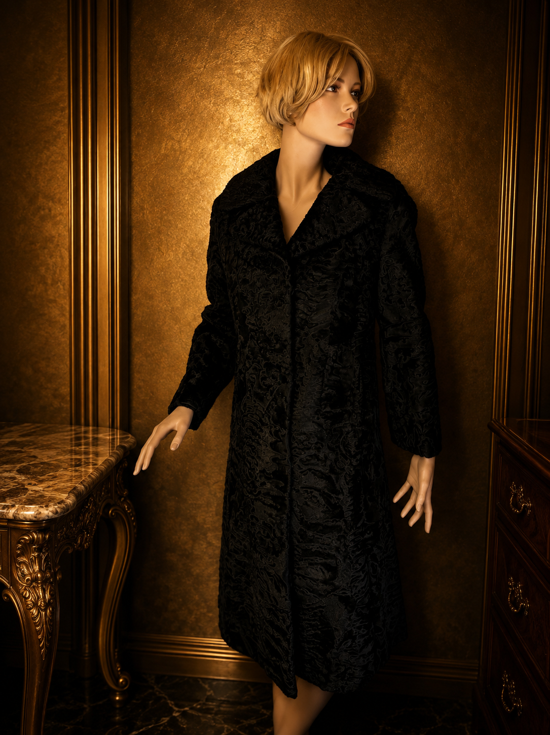 Vintage Swakara Persianer Pelzmantel Schwarz Karakul Lammfell Damen Echtpelz Mantel M