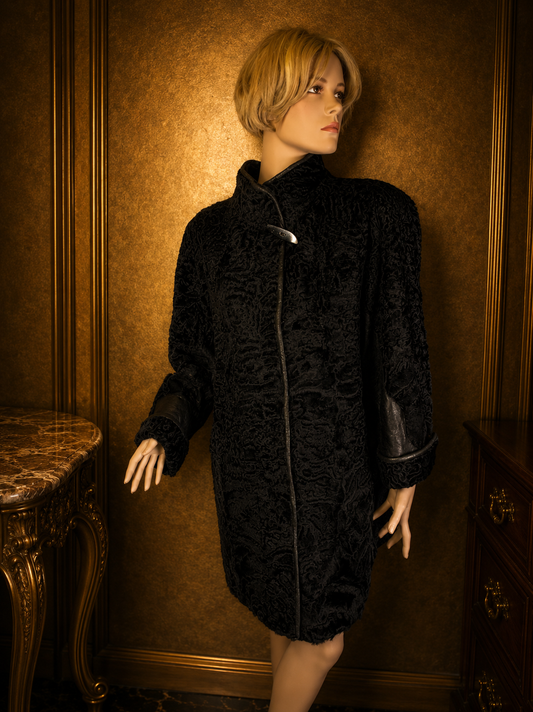 Vintage Persianer Pelzjacke Schwarz Karakul Lammfell Damen Echtpelz Leder Gr. M/L