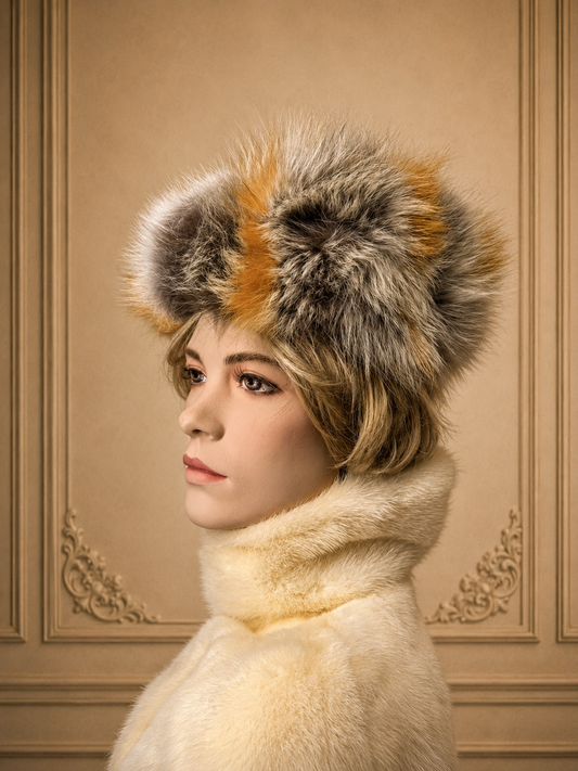 Vintage Rotfuchs Pelzmütze Echtpelz Mehrfarbig Braun Grau Russische Wintermütze Luxury Fur Hat