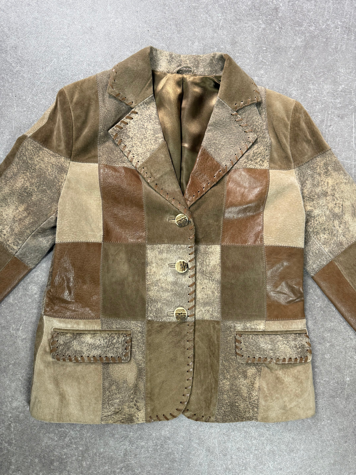 Vintage Leder Patchwork Blazer Landhaus Damen Gr. 38 Braun Beige Echtleder Jacke