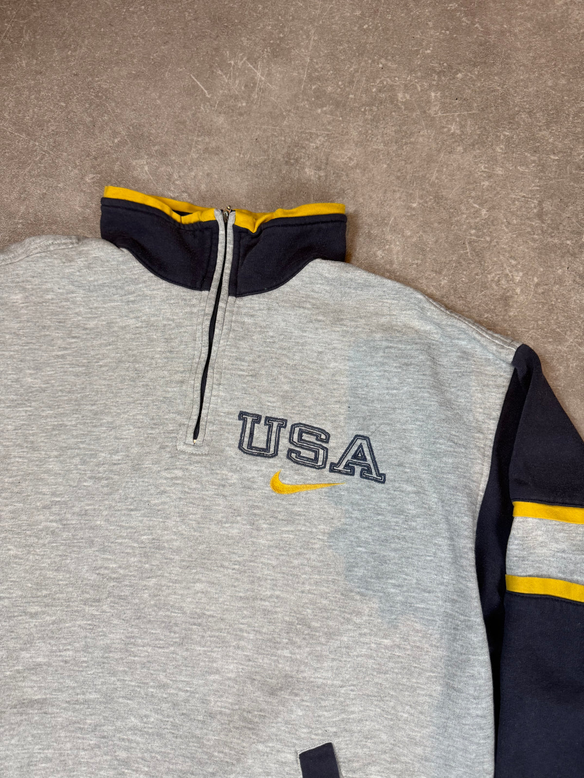 Vintage Nike USA Sweatshirt Half Zip Grau Navy Gelb 90er Größe M