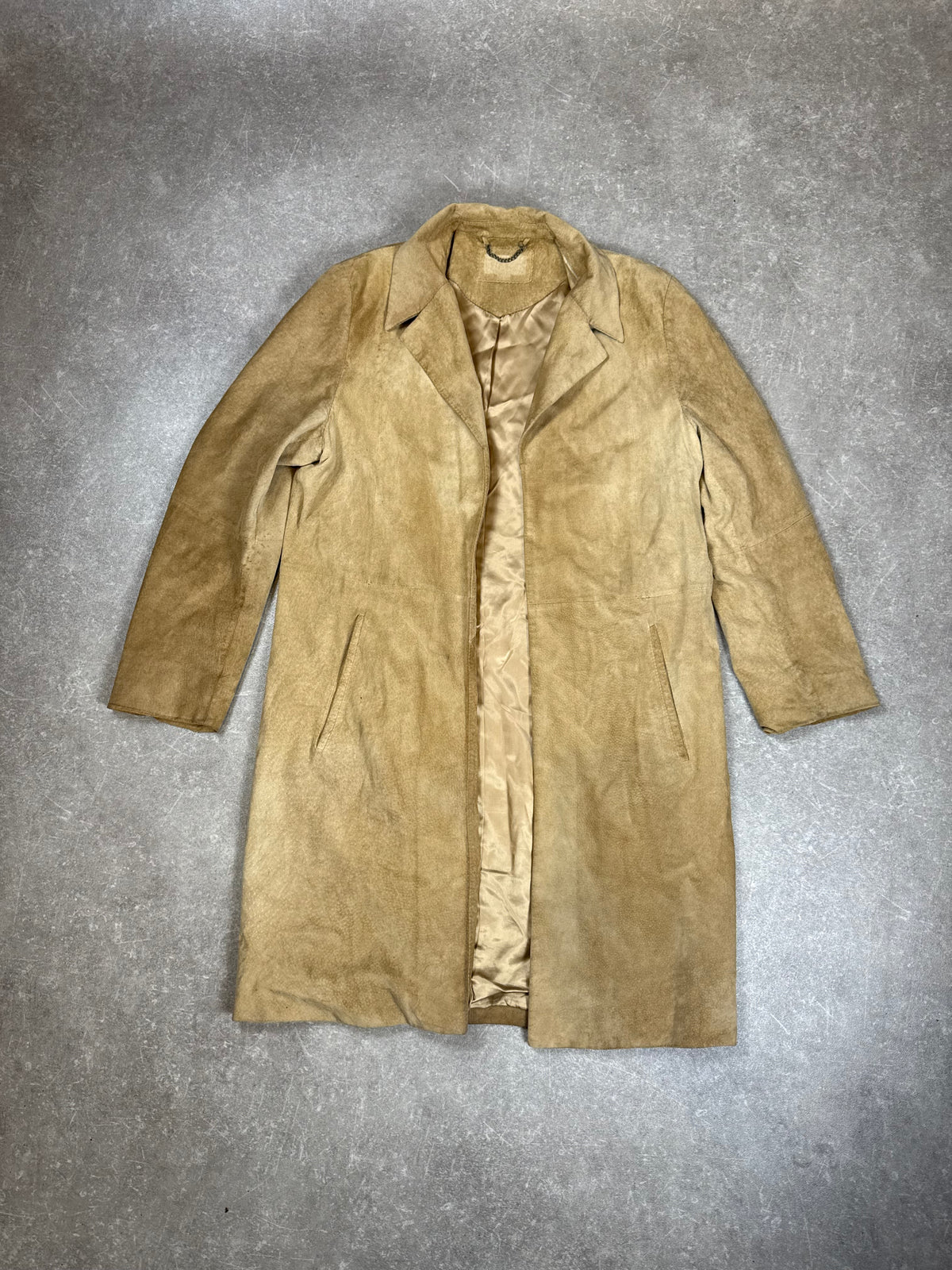 Vintage Damen Ledermantel Lang Veloursleder Beige Sand – ca. Gr. M/L