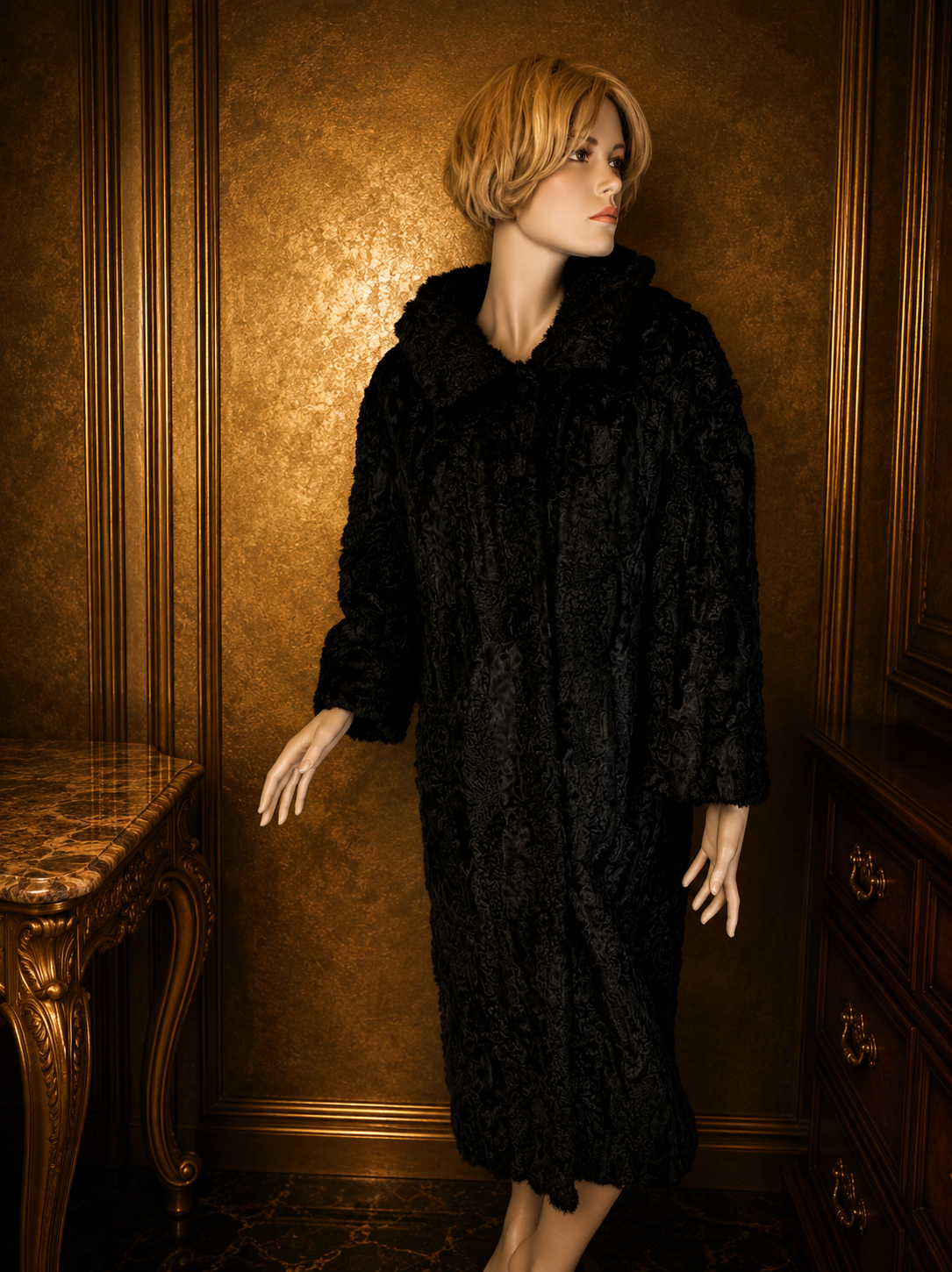 Vintage Persianer Pelzmantel Schwarz Karakul Lammfell Damen Echtpelz Gr. M/L