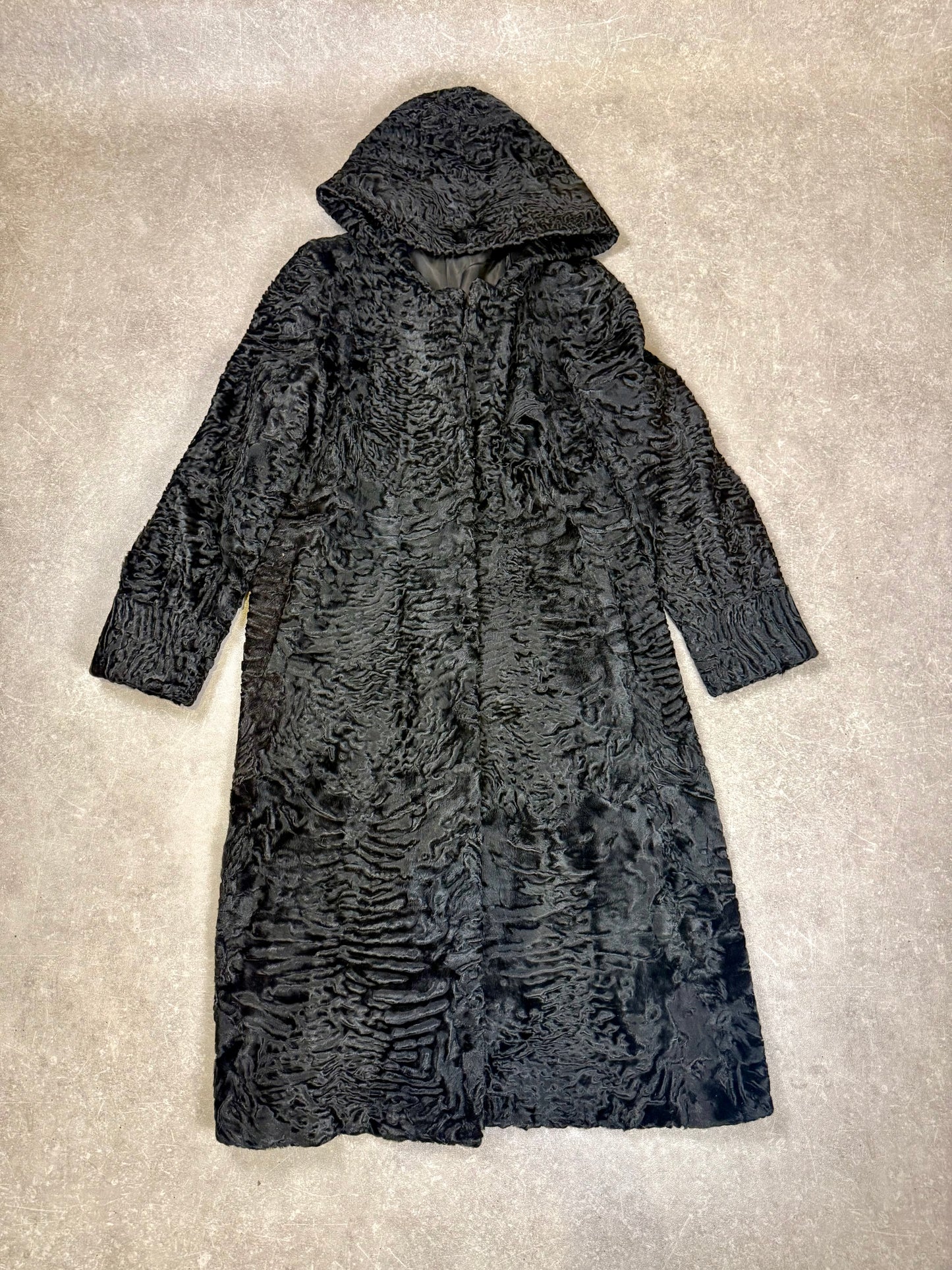 Vintage Persianer Pelzmantel Karakul Lammfell Schwarz Kapuze Damen Echtpelz L