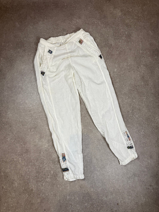 Vintage Leinenhose Weiß – Spitze & Webdetails – Folk Boho
