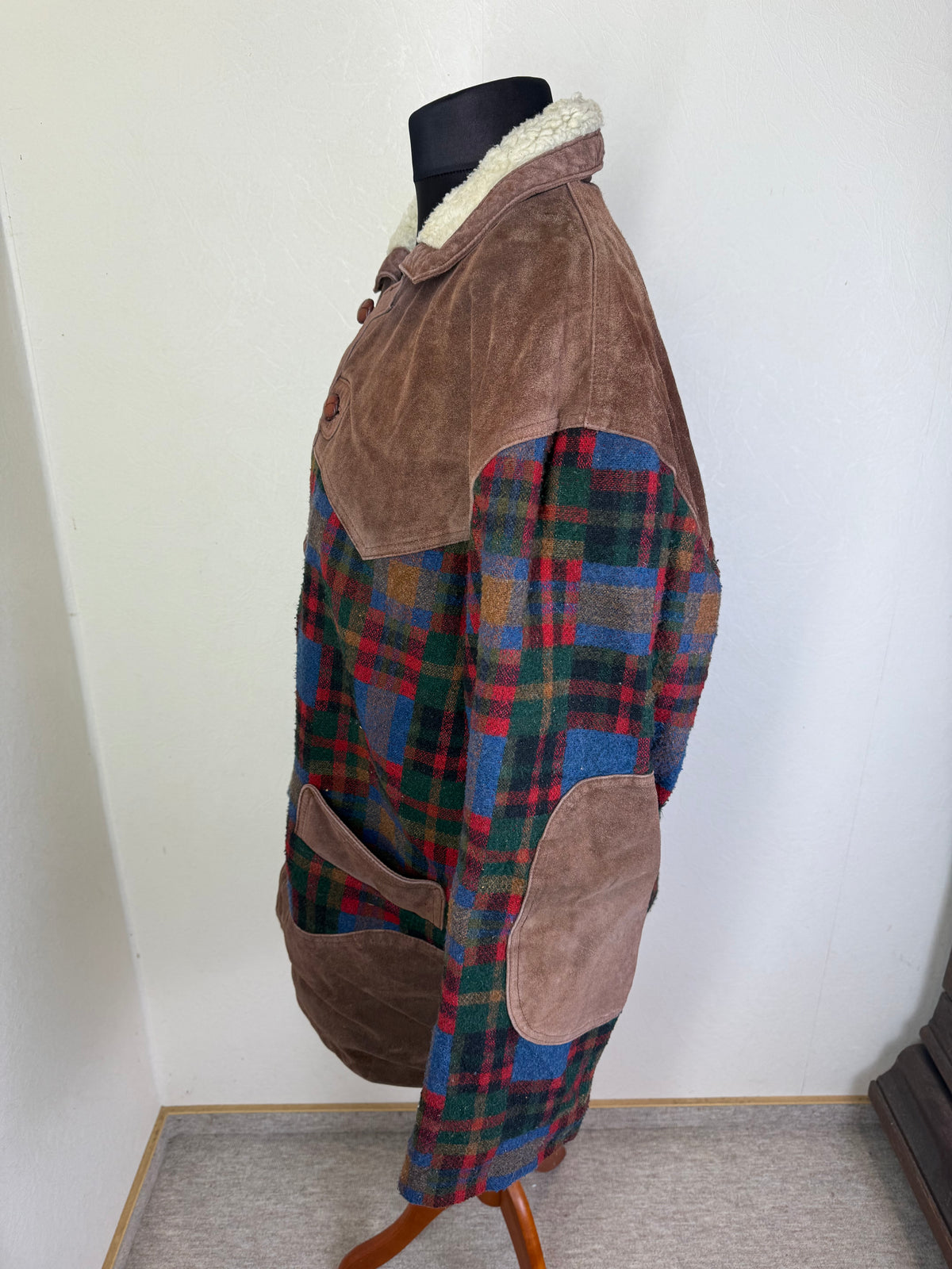 Vintage Lammfelljacke Gr. 48 Karojacke Echtleder Wolle Teddyfutter Oversize