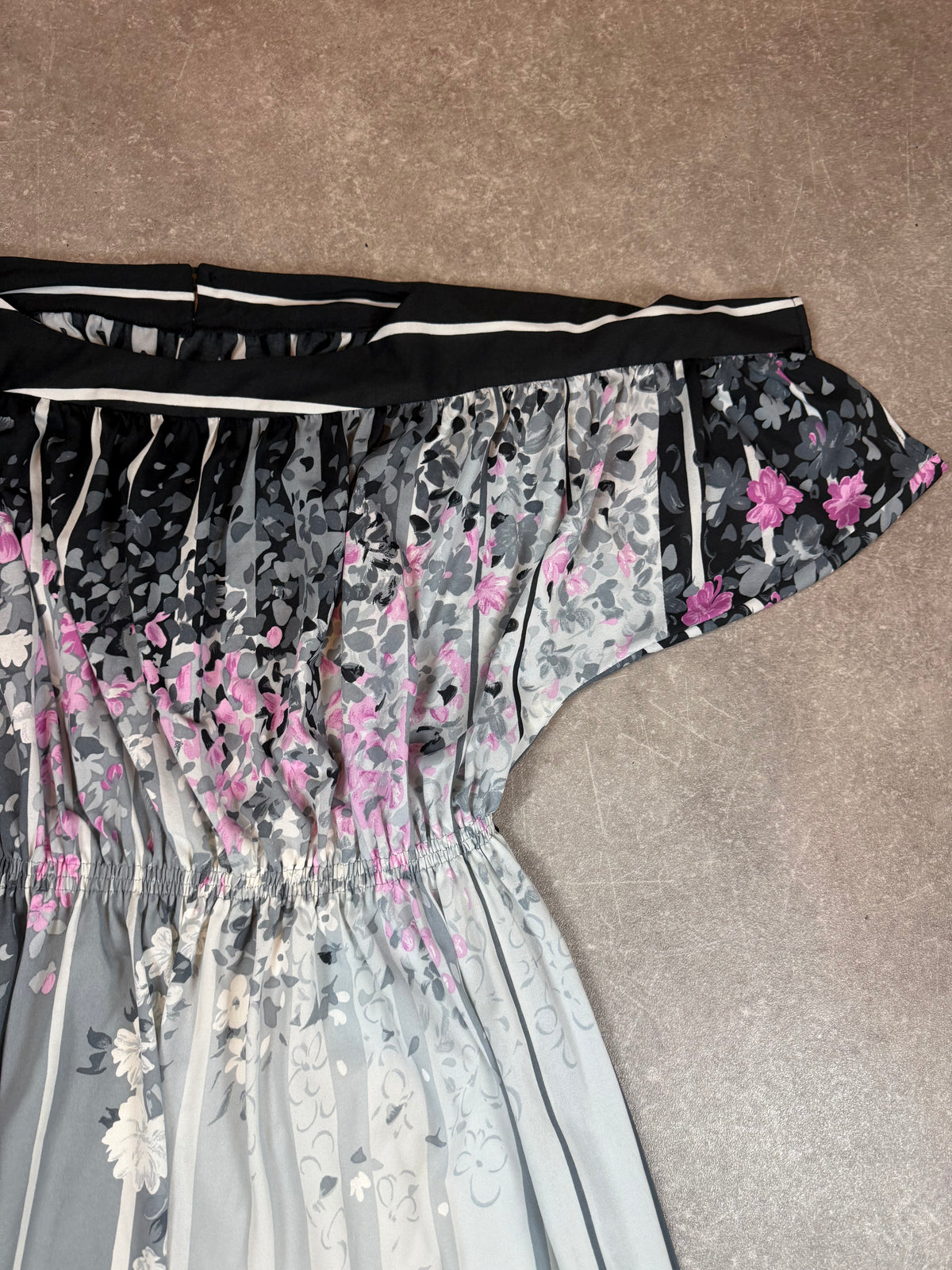 Vintage 80er Maxikleid Damen – Schwarz Grau Rosa Blumen & Streifen