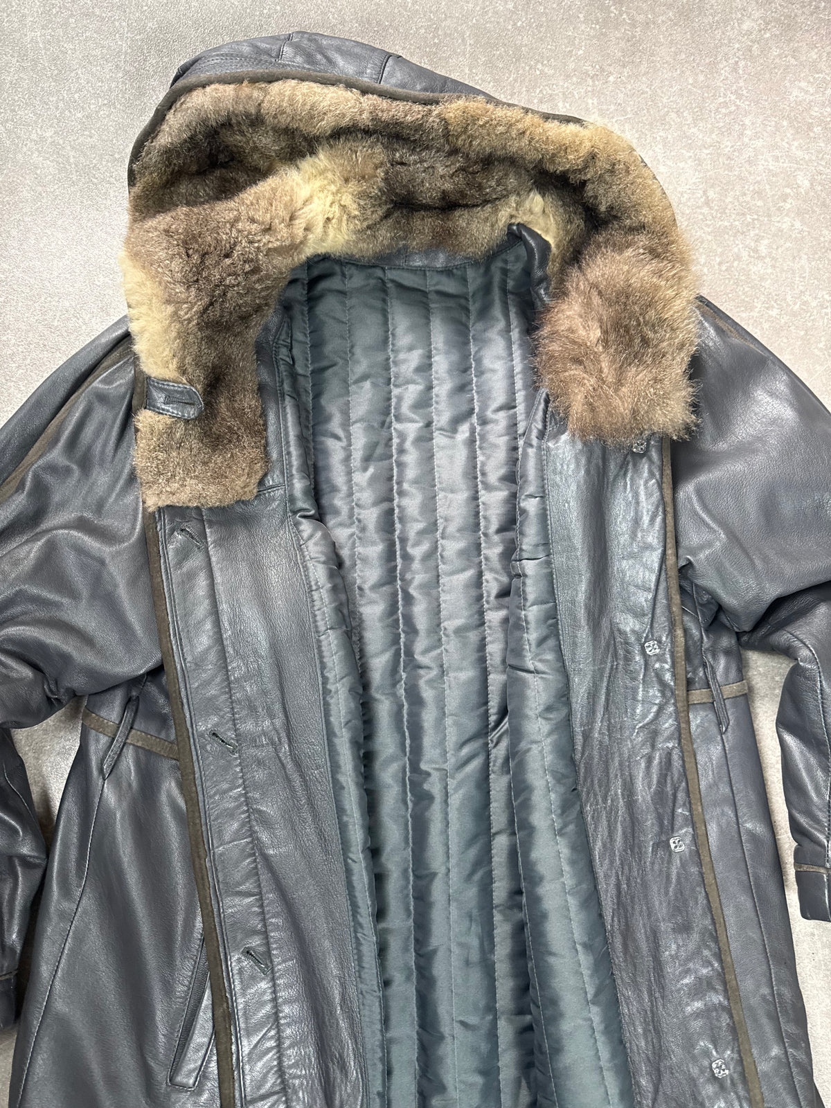 Vintage Leder Mantel 44 Schwarz Echtleder Fellkragen Wintermantel Lang Mantel