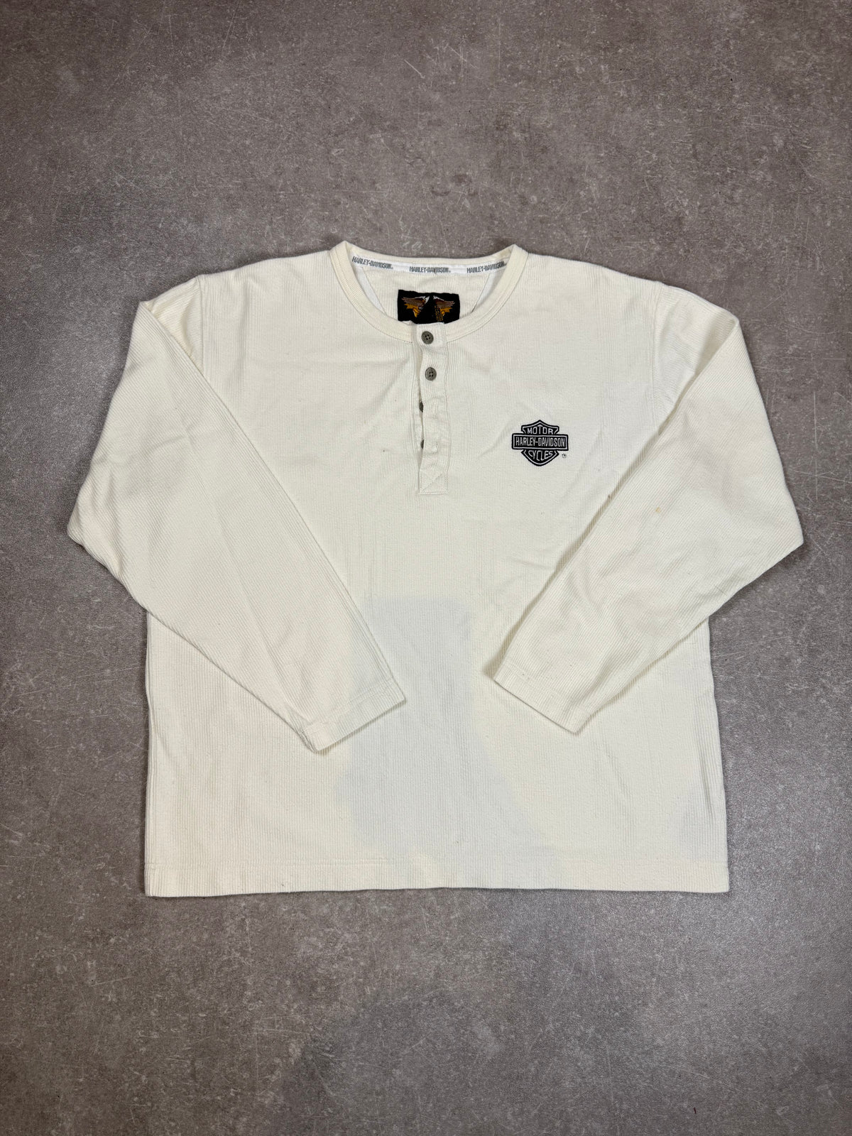 Harley-Davidson Herren Henley Shirt L – Vintage Langarm Creme Weiß