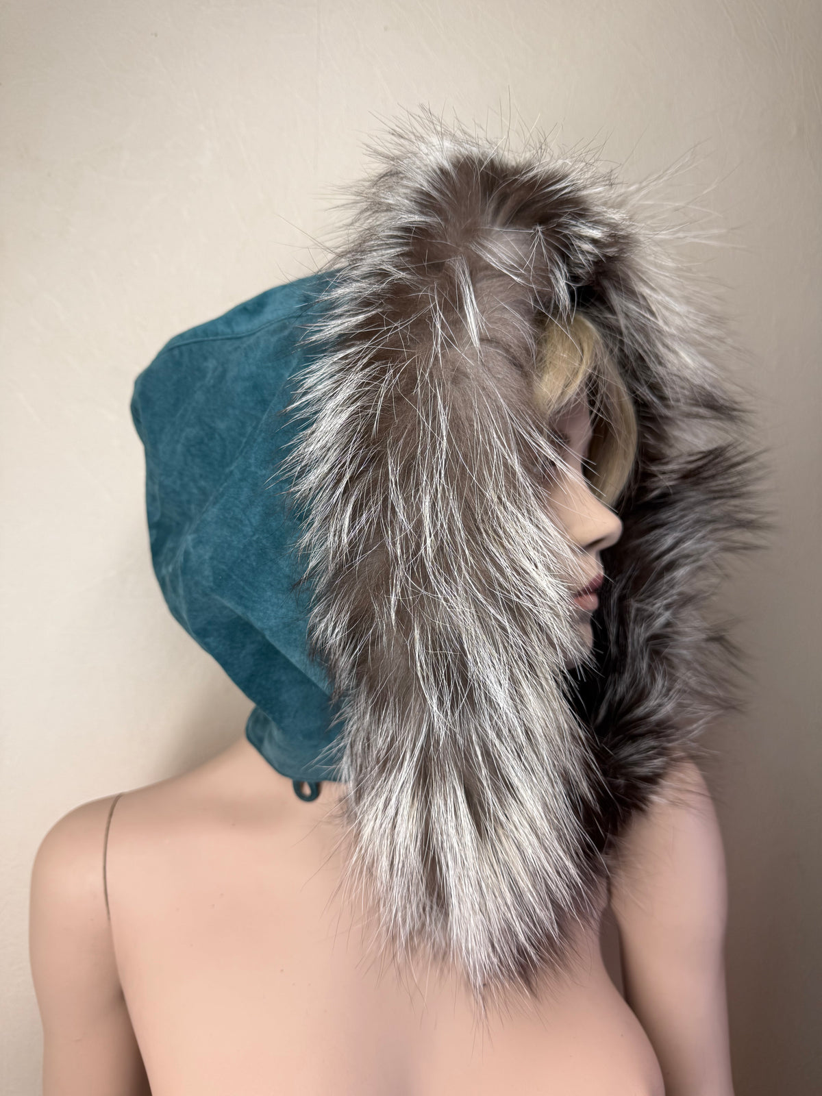 Vintage Veloursleder Kapuze Mit Silberfuchs Echtfell Blau Türkis Fellkapuze Pelzkapuze Fox Fur Hood
