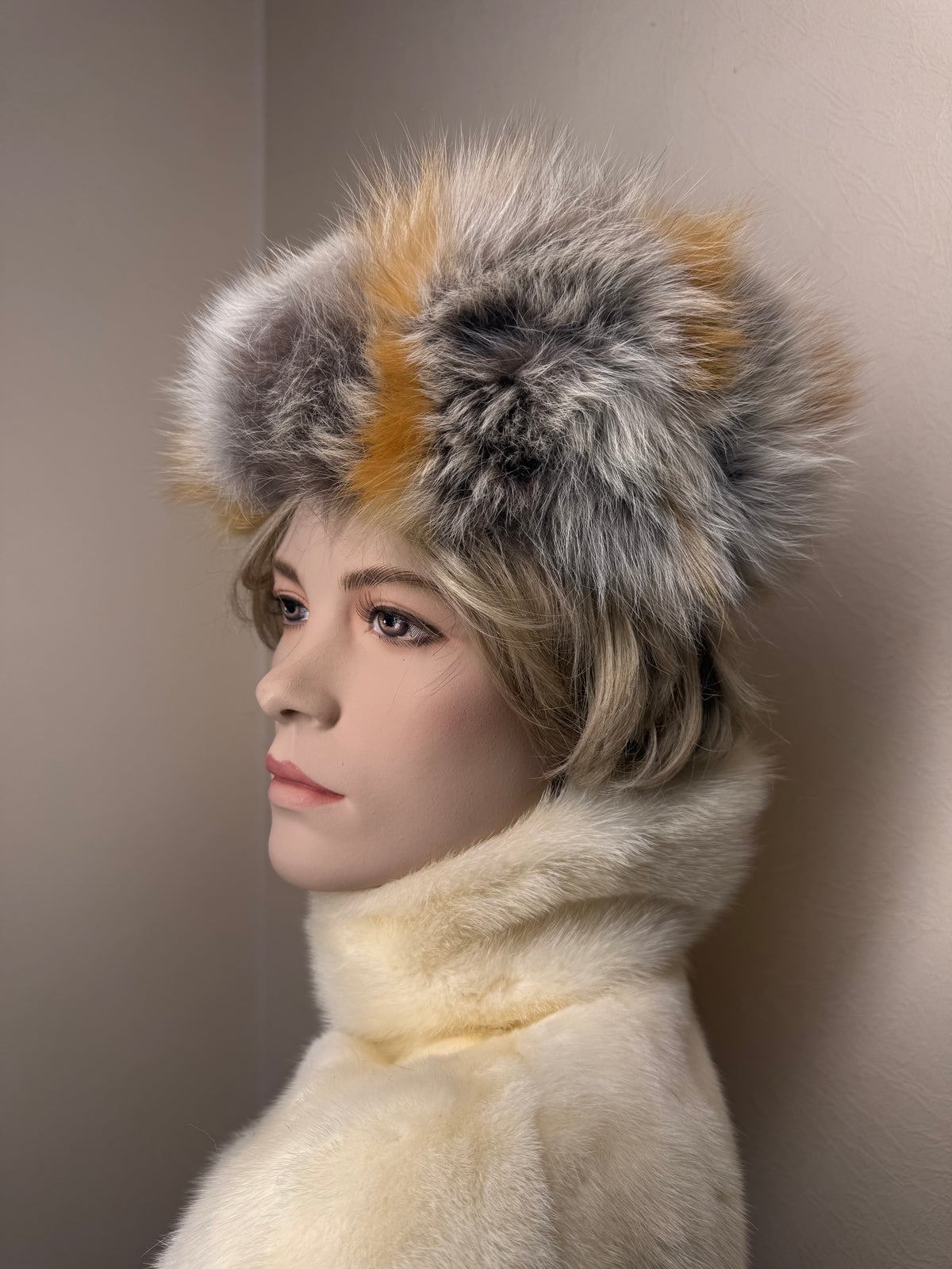 Vintage Rotfuchs Pelzmütze Echtpelz Mehrfarbig Braun Grau Russische Wintermütze Luxury Fur Hat