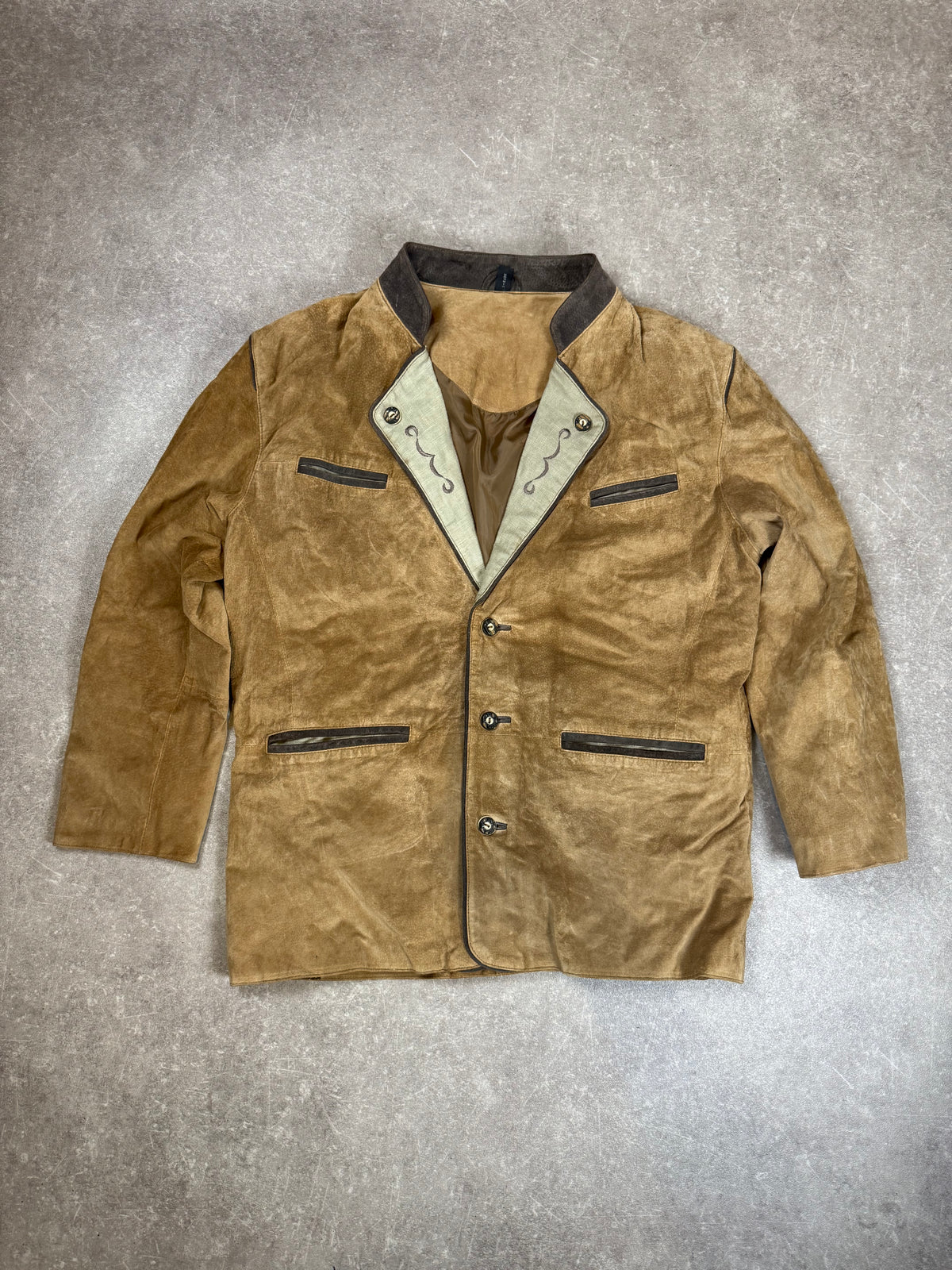 Vintage Trachten Lederjacke Herren Braun Veloursleder Janker Landhausstil