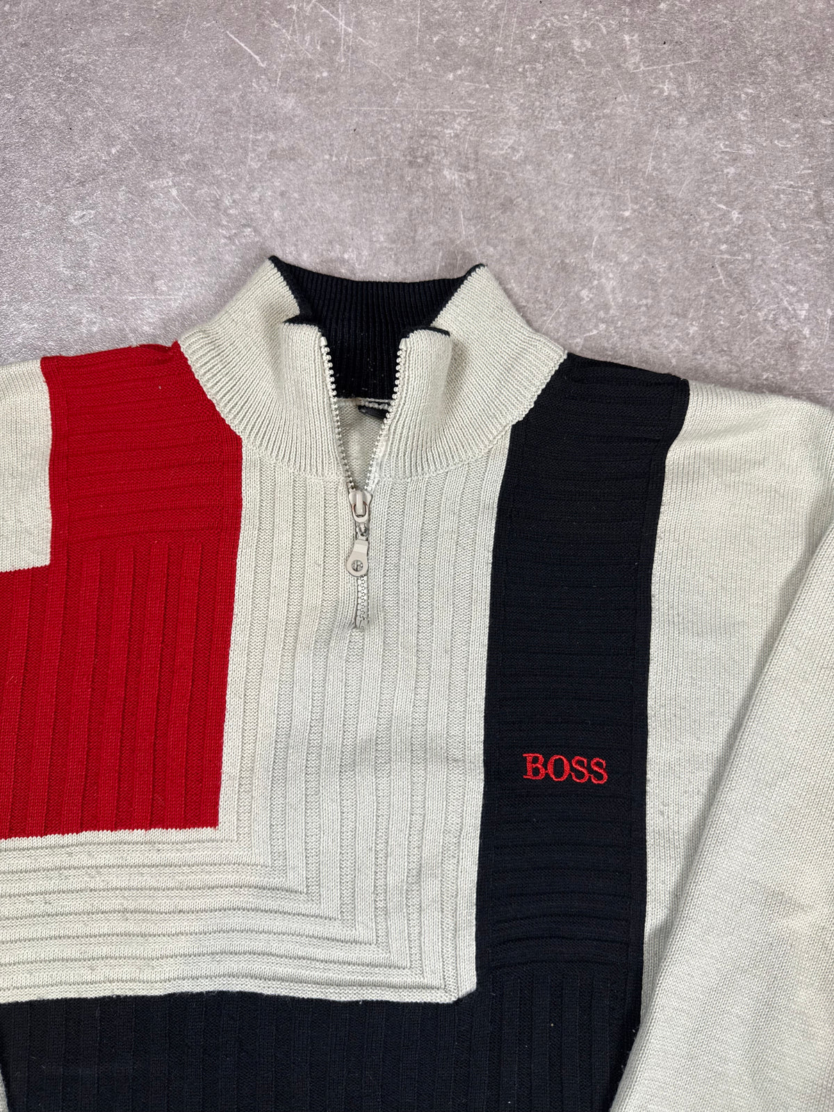 Vintage HUGO BOSS Herren Strickpullover Gr. M Colourblock Half Zip 90s