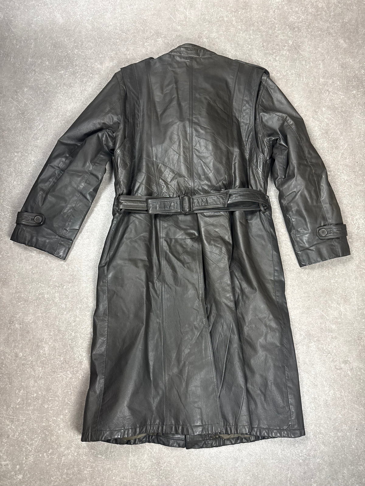 Vintage Leder Mantel Damen Schwarz Gr. ca. L XL Echtleder Langmantel Trench Coat Gürtel