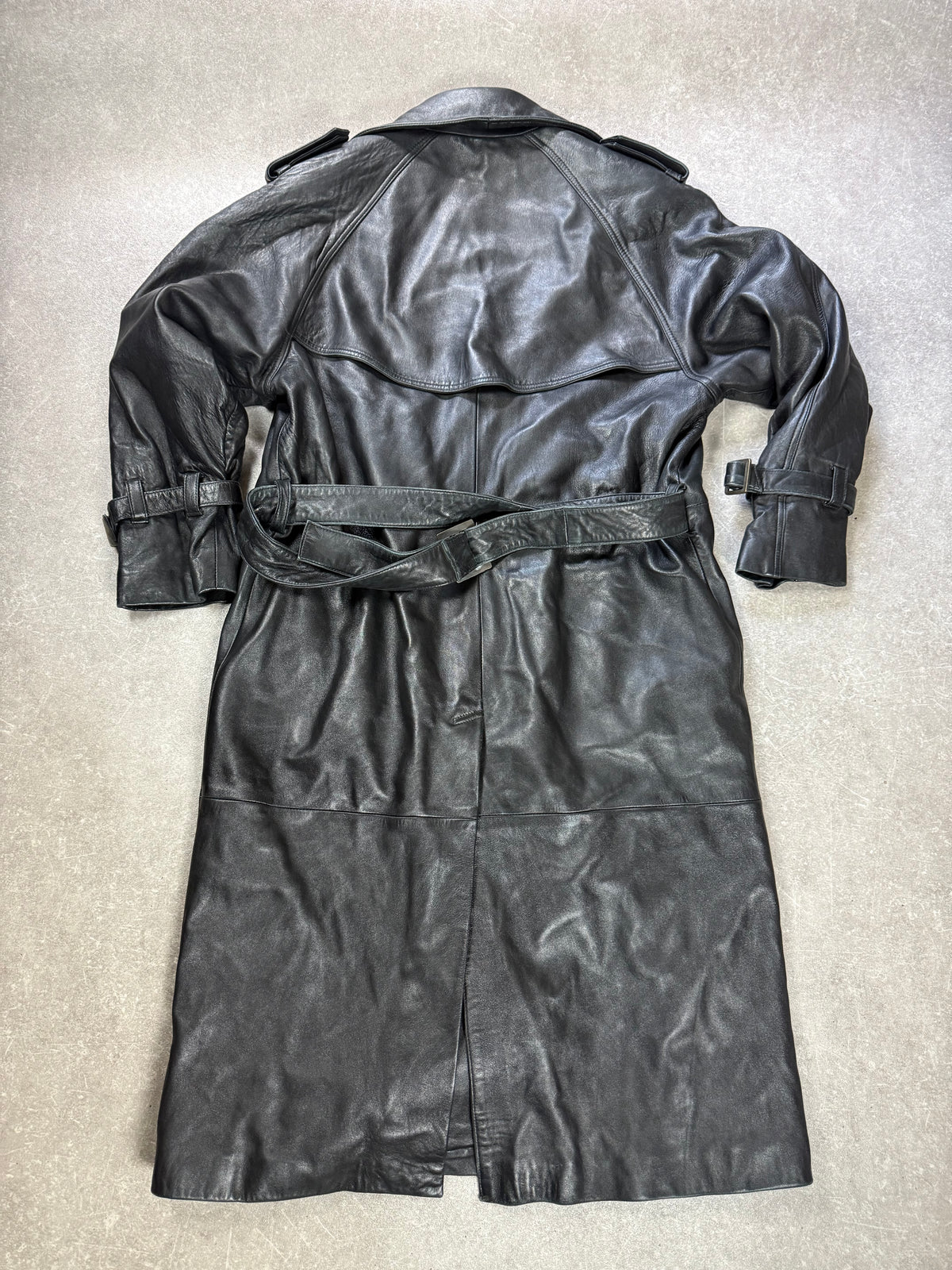 Langer Leder Mantel Damen Schwarz Vintage Trenchcoat Echtleder AB Collection Gr. L