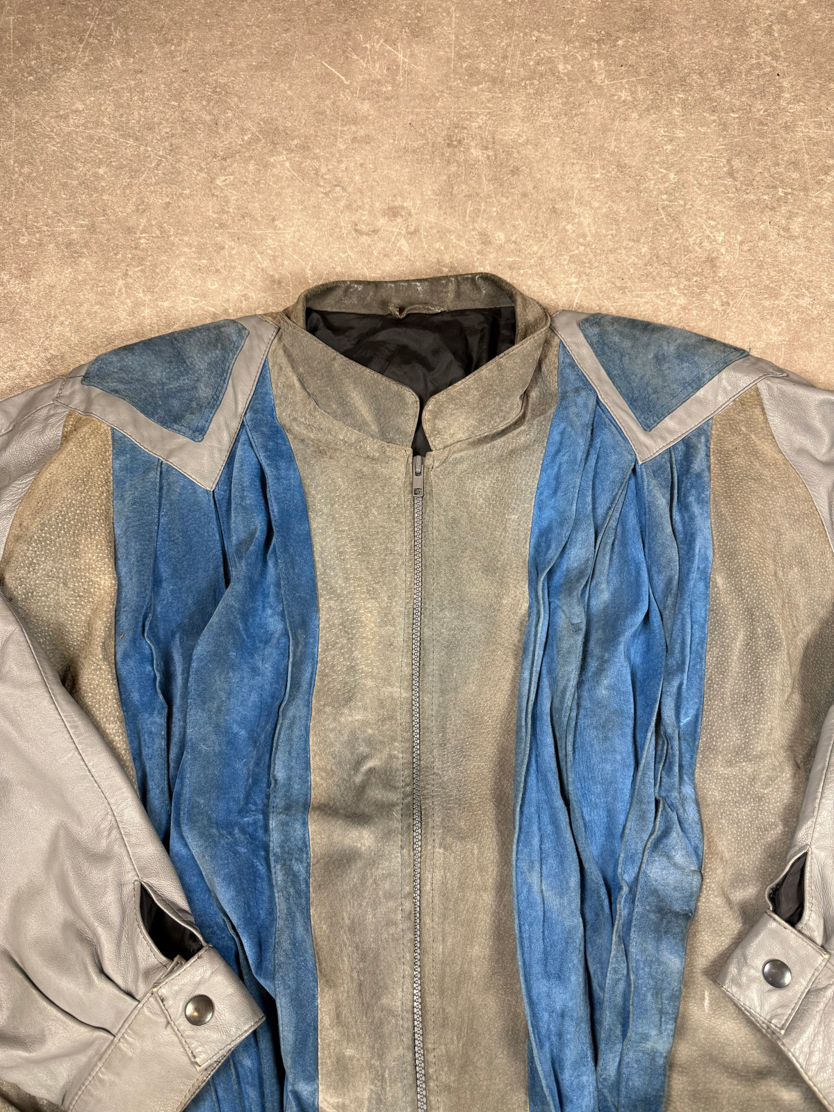Vintage Don Giovanni Lederjacke 80er 90er Patchwork Blau Grau Retro