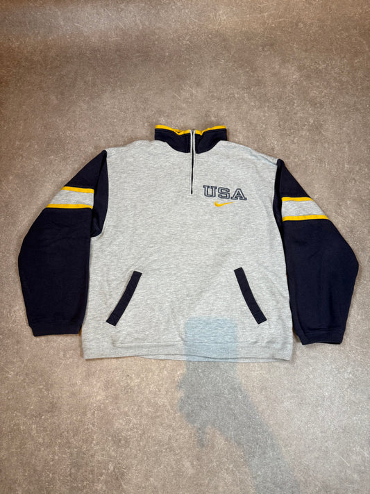 Vintage Nike USA Sweatshirt Half Zip Grau Navy Gelb 90er Größe M