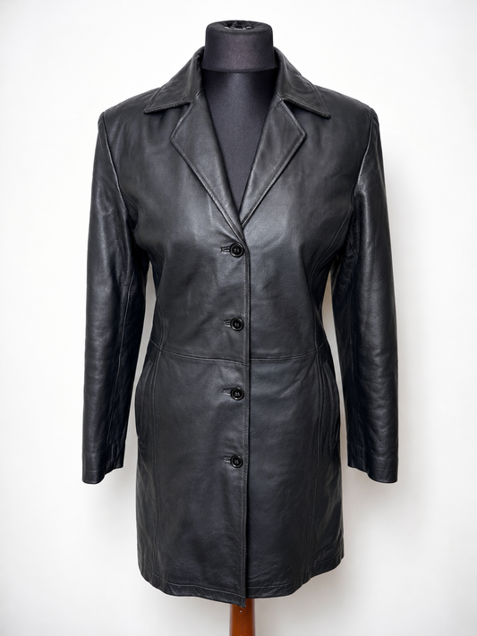 Damen Lederblazer Echtleder Schwarz Mantel Jacke Vintage 90er Gr 40 42