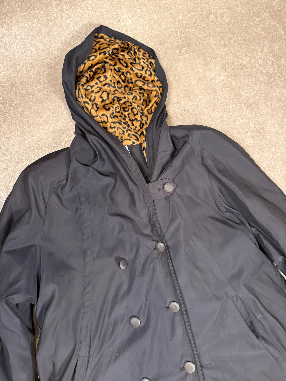 Vintage Damen Mantel Schwarz mit Leo Kapuze Leopard Longcoat Oversize