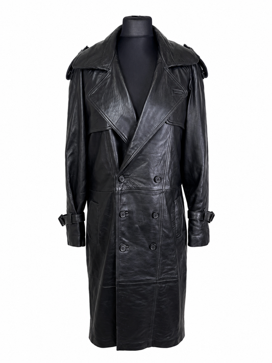 Langer Leder Mantel Damen Schwarz Vintage Trenchcoat Echtleder AB Collection Gr. L