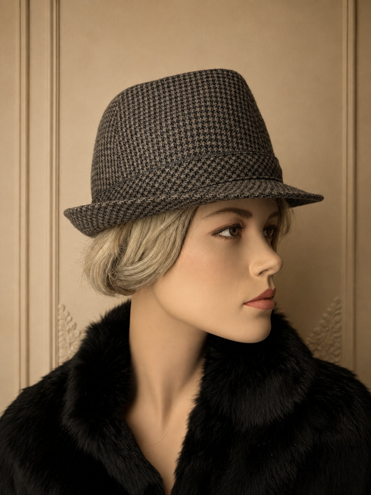 Vintage Fedora Hut Wolle Hahnentritt Grau Schwarz – Klassischer Trilby