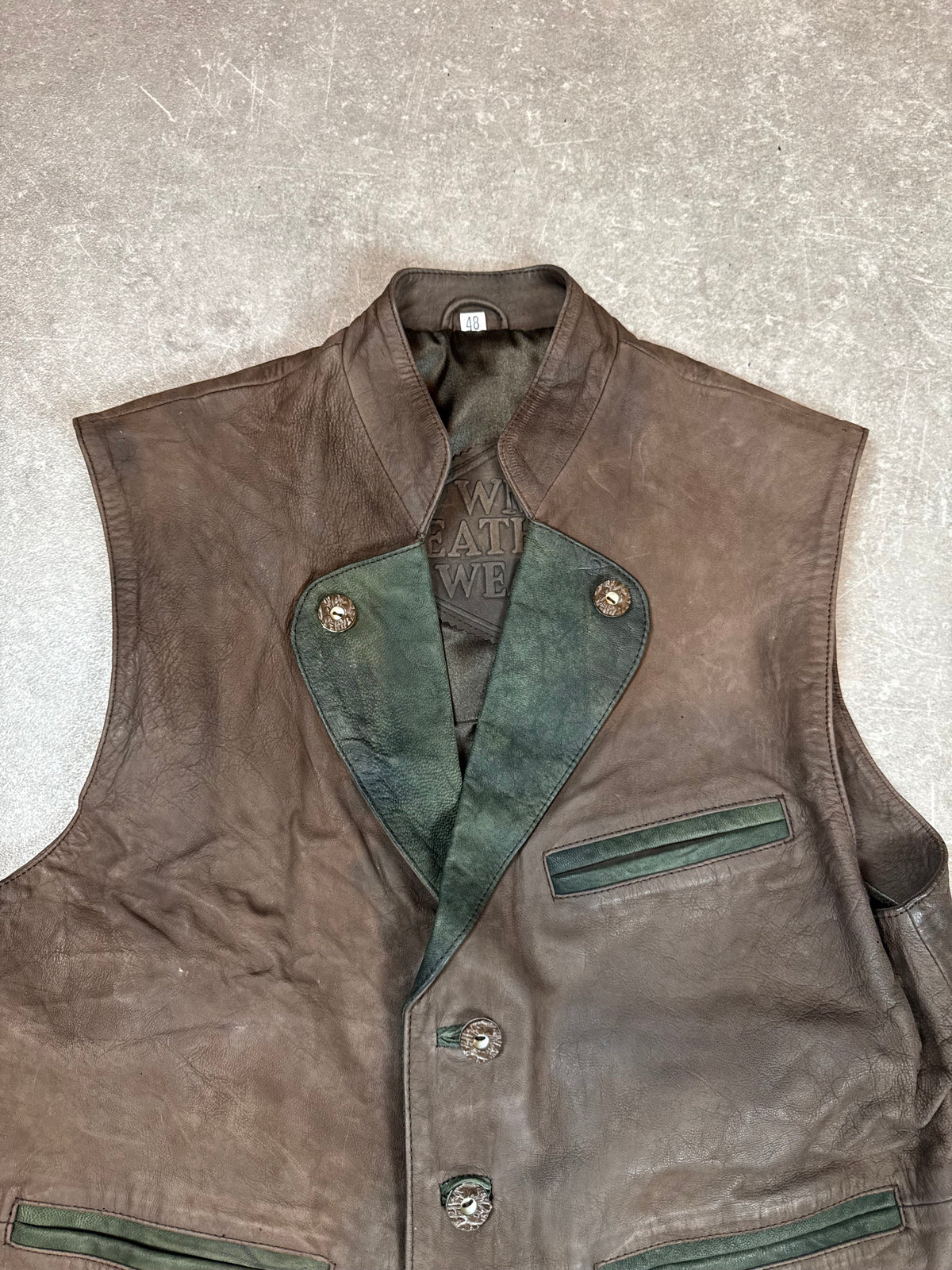 Vintage Herren Lederweste Gr. 48 Braun Grün Echtes Leder Trachtenstil