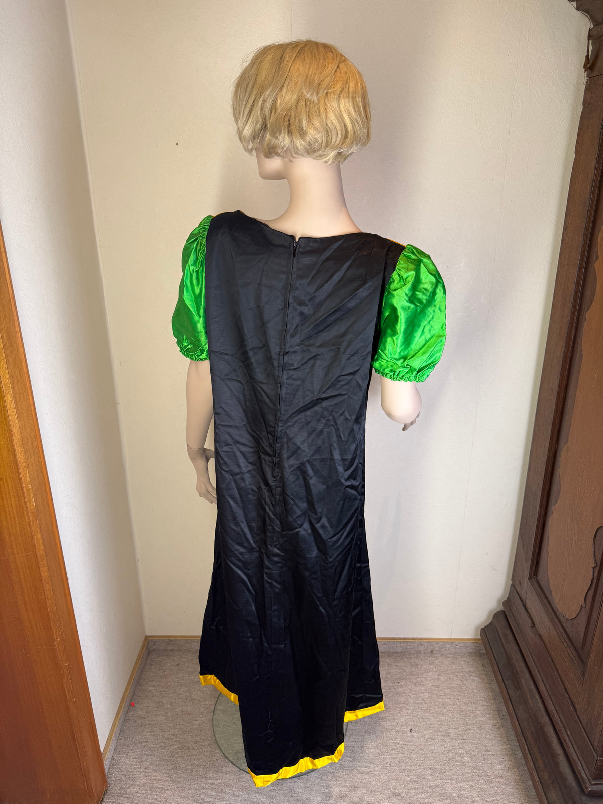 Vintage Maxikleid Damen – Gelb Schwarz Grün mit Puffärmeln & Schleife