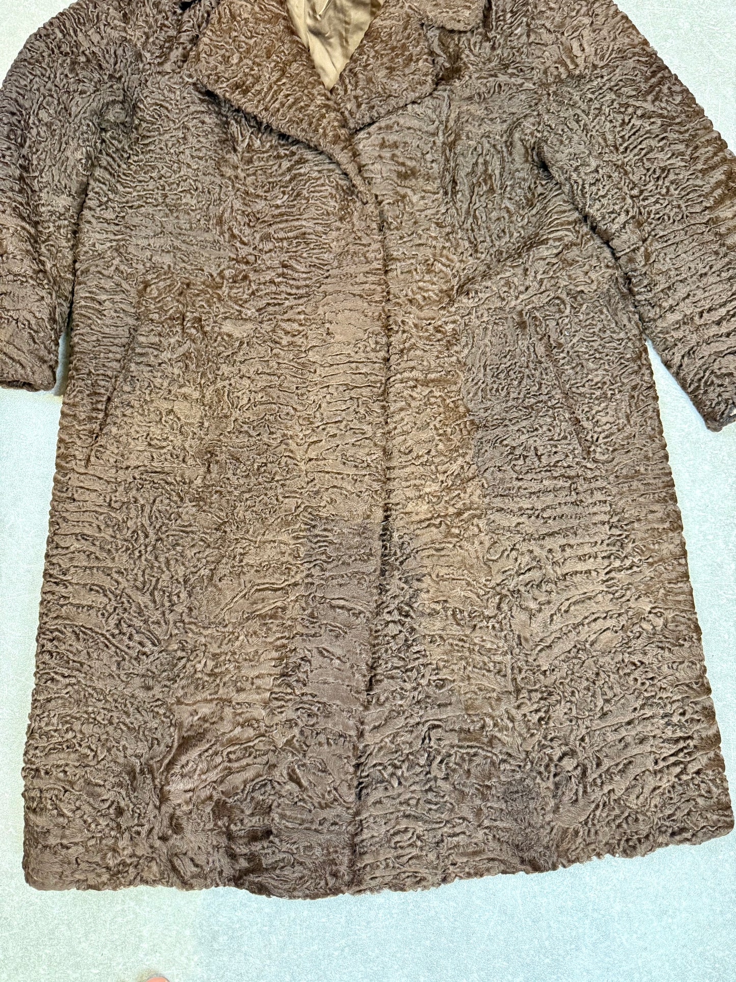 Vintage Persianer Pelzmantel Karakul Lammfell Braun Damen Mantel Echtpelz Gr. L