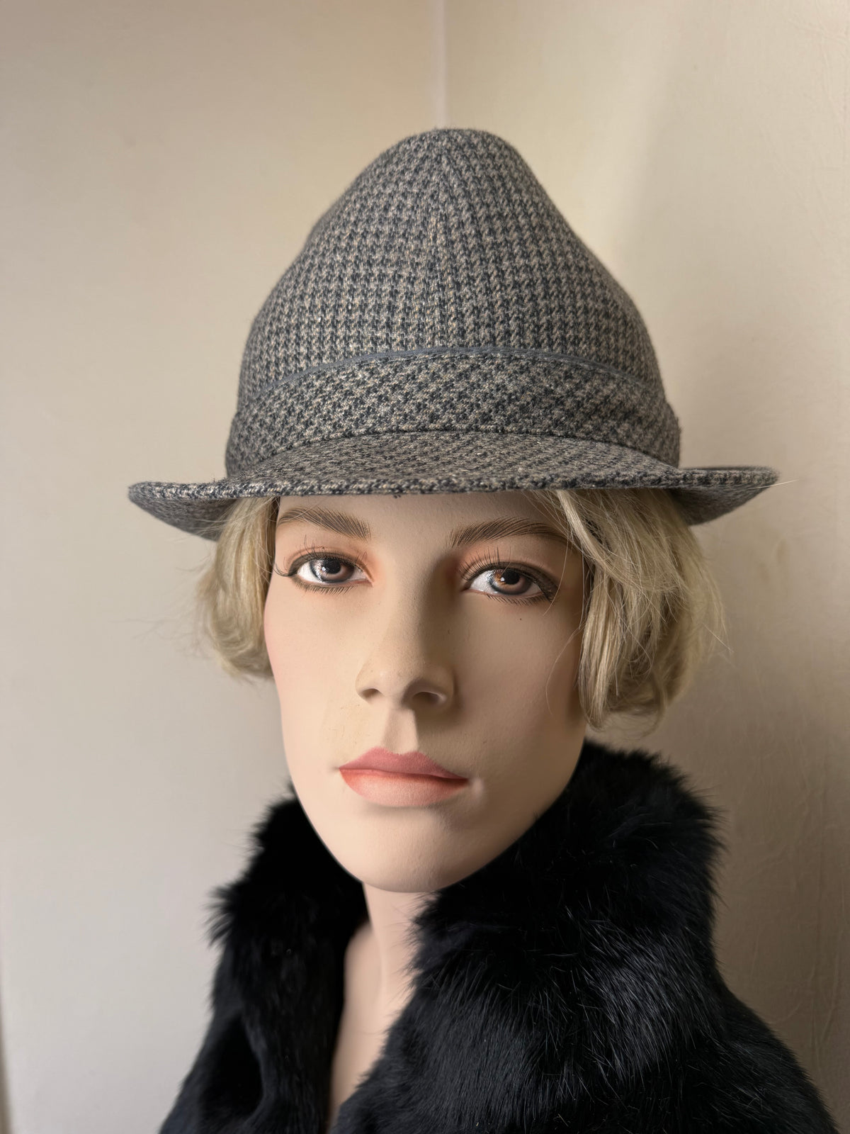 Vintage Fedora Hut Wolle Hahnentritt Grau Schwarz – Klassischer Trilby
