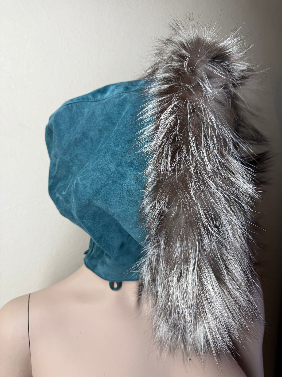 Vintage Veloursleder Kapuze Mit Silberfuchs Echtfell Blau Türkis Fellkapuze Pelzkapuze Fox Fur Hood